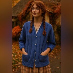 Vintage 1990s British Passage Cable Knit Button Front Cardigan Large Blue Cotton